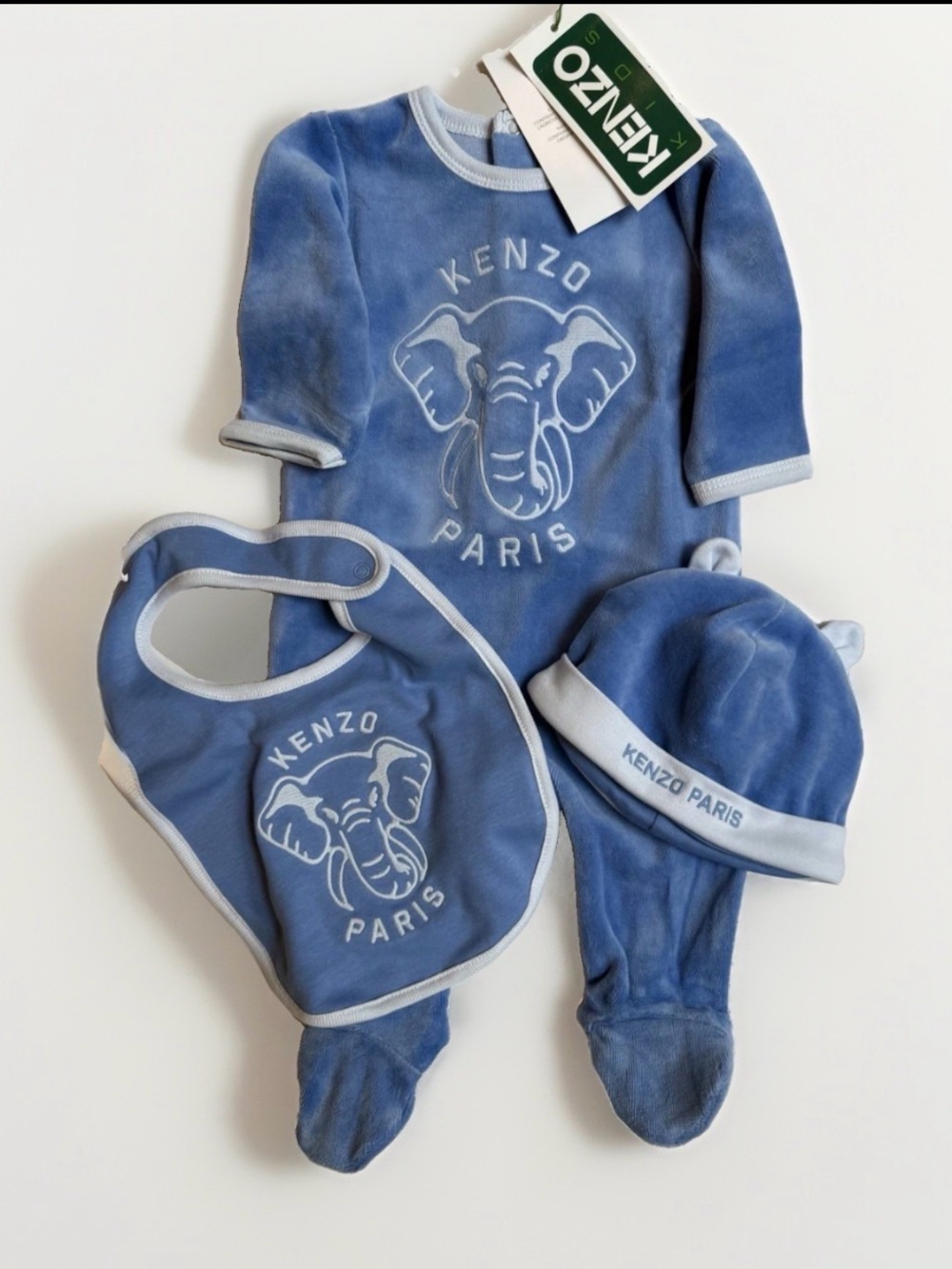 KENZO Kids Blue Velour 3pc Baby Set 3 Months Footed Coverall Bib Hat K60076